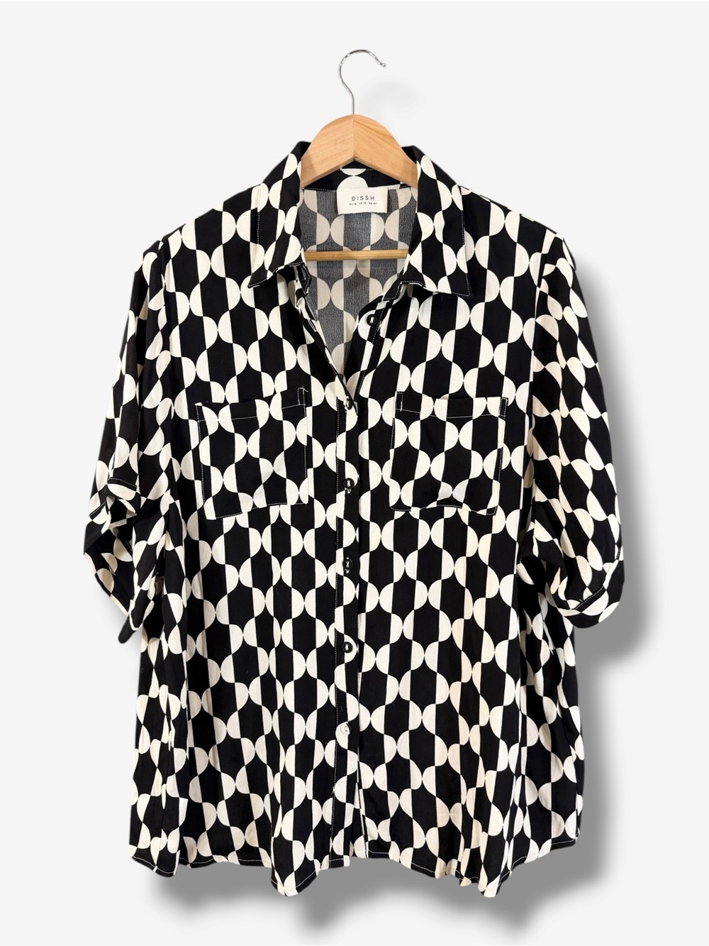 DISSH Black Cream Geometric Button Front Resort Camp Shirt US 12 AU 16